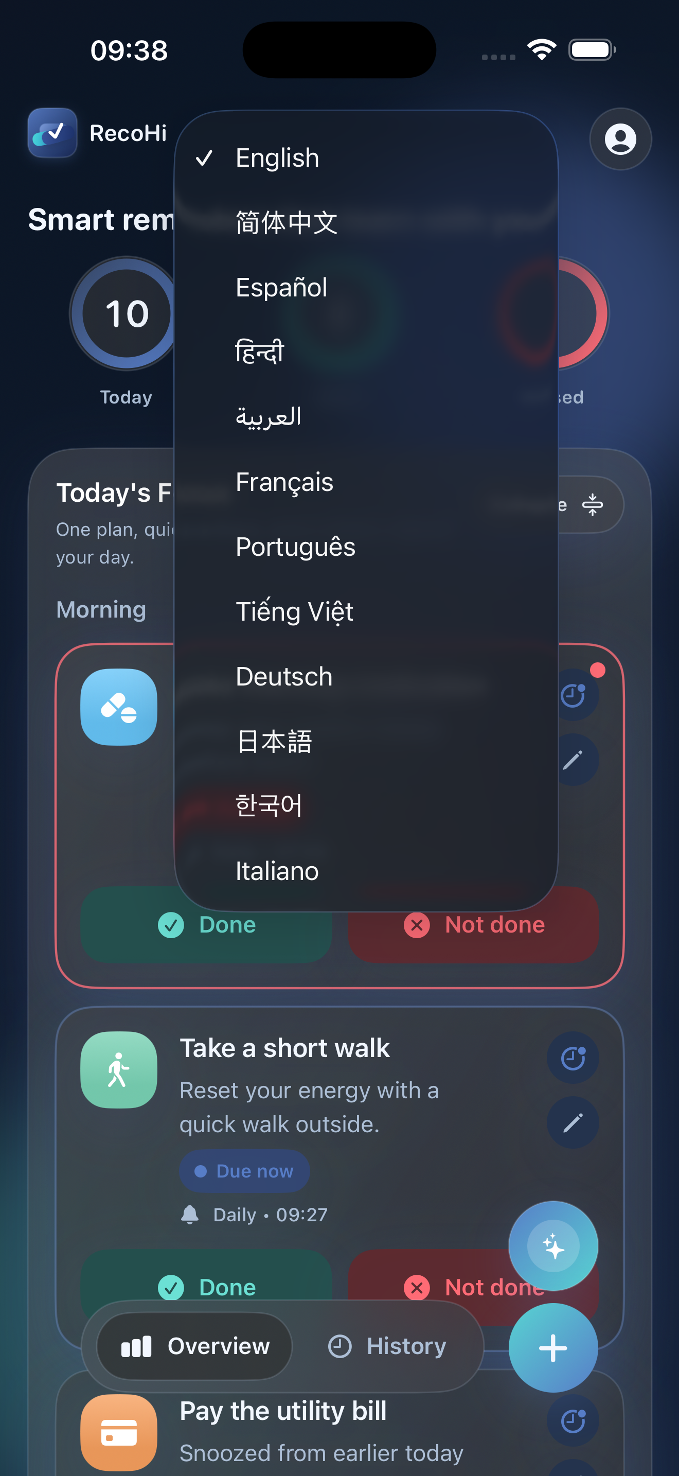 RecoHi history on iPhone